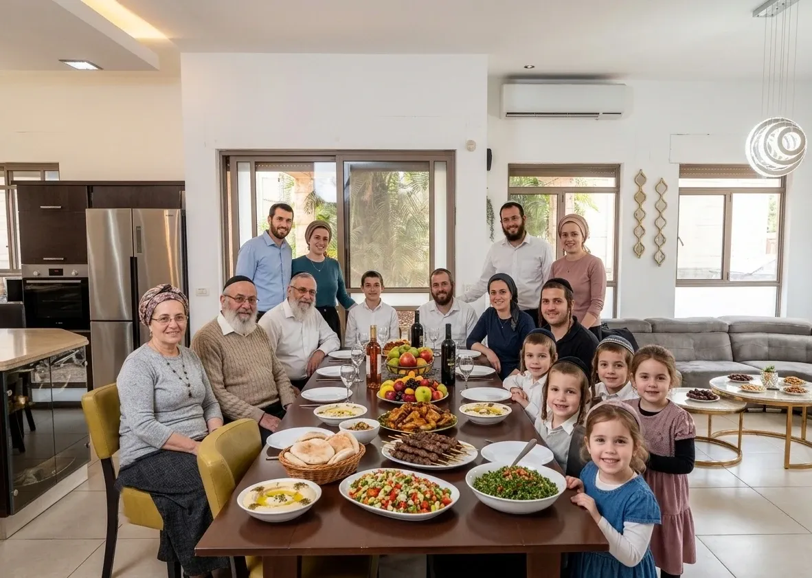 משפחה דתית מסובה יחד לסעודה בפינת האוכל של וילת המלך שלמה